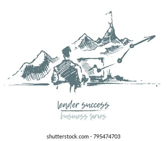 Business concept, businessman looking to the future yourself, climbed on the top of a mountain, vector illustration, hand drawn, sketch
