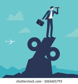 Business concept of businessman looking  telescope standing on percentage mountain.