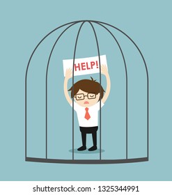 Business concept, Businessman needs help because he's in the jail. Vector illustration.