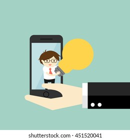 Business concept, businessman offer/sell an idea via smartphone. Vector illustration.