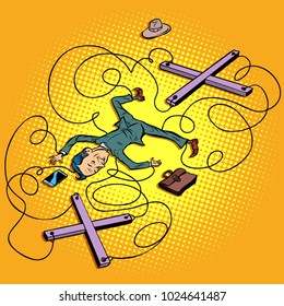 Business concept businessman puppet fell without a guide. Comic book cartoon pop art retro vector illustration drawing