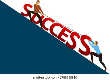 Business Concept. Businessman Pushing The Success Text Uphill. Symbol Of Difficulty, Ambition, Motivation, Struggle, Achievement, Vector Illustration Flat Style