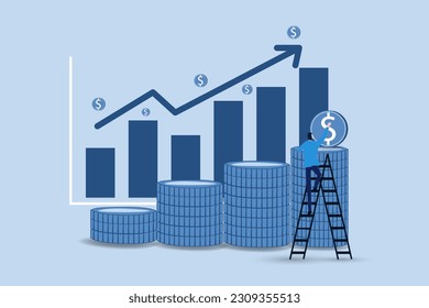 Business concept. Businessman put huge coin on piles. Business profit, return on investment.vector illustration.