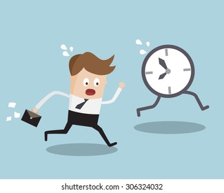 Business Concept, Businessman Running Follow Clock Late Work Time Cartoon Vector Illustration