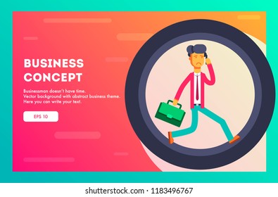Business concept. Businessman running in hamster wheel. Vector illustration.