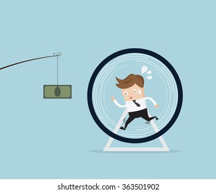 business concept, businessman running in hamster wheel for catch money cartoon vector illustration