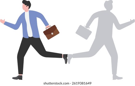 Business concept of a businessman running with his own shadow running in different direction,

