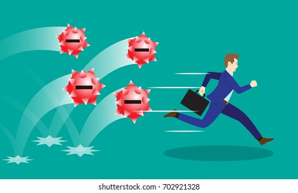 Business Concept As A Businessman Is Running Hurriedly From Bouncing Red Negativity Spiky  Steel Balls. It Means Trying To Avoid Dangerous Negative Attitudes From The Others.