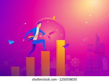 Business Concept As A Businessman Is Running On Growth Line Graph. He Is Enjoying The New Growth Of Opportunity With Full Motivation and Encouragement. Higher Sales Corresponds With Time Passes By