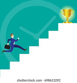 Business Concept As A Businessman Is Running On White Stairs To A Glitter Gold Trophy On Top And A Big Clock As Background. It Means Trying To Achieve The Ultimate Goal By Competing With Time.