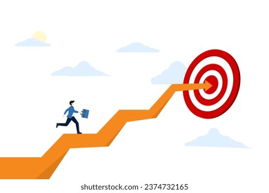 Business concept, businessman running towards target, walking towards success. Focus on the goal symbol. show. a worker runs to reach the target according to the target. business targets and success.