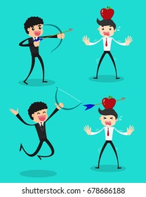 business concept, Businessman shooting an arrow at an apple on head.