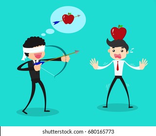 business concept, Businessman shooting an arrow at an apple on head.