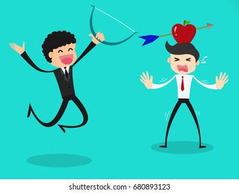 business concept, Businessman shooting an arrow at an apple on head.