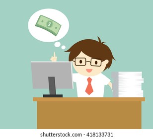 Business concept, businessman sitting on his desk and thinking about money. Vector illustration.