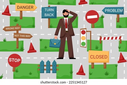 Business concept. The businessman solves his problems, there is an obstacle on every road. 