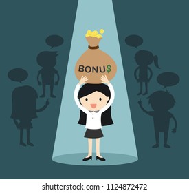Business concept, Businessman standing alone in spotlight while holding big bonus. Vector illustration.