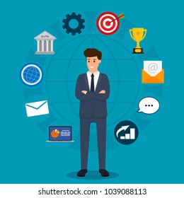 Business concept. Businessman standing in circle icons. Business character. Vector illustration. Flat design. EPS 10.