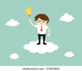 Business concept, Businessman standing on the cloud with a light bulb. Vector illustration.