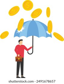 Business Concept, Businessman Standing with Umbrella Under Rain Dollar Coins. Vector Illustration

