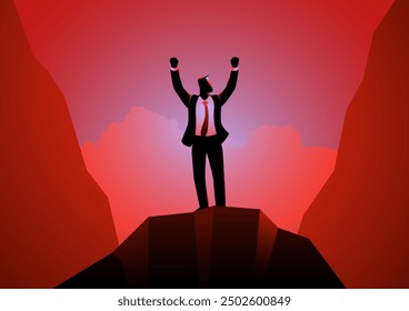 Business concept of businessman stands triumphantly on a rock with his arms raised, symbolizing success, achievement, and leadership