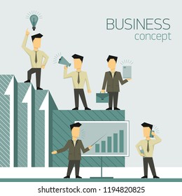 Business concept. Businessman in a suit, shirt and tie. Work, talking on the phone, idea, contract, presentation, progress. Vector illustration, flat style.