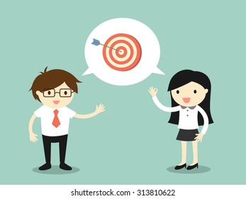 Business concept, Businessman talking with business woman about target. Vector illustration.