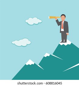 Business concept. Businessman with telescope, standing on top of a mountain.