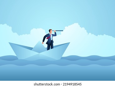 Concepto de negocio de un empresario que usa telescopio en un barco de papel, ilustración vectorial