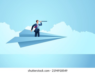 Business concept of businessman using telescope on paper plane, opportunity, vision in business