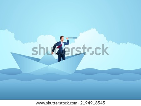 Business concept of a businessman using telescope on paper boat, vector illustration