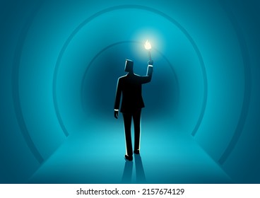 Business concept of businessman walking in the dark tunnel holding a torch, vector illustration