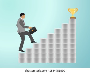 Business concept. Businessman walking on stair up to success. Achievement, Success, Leadership, Growth, Opportunity. Vector illustration flat
