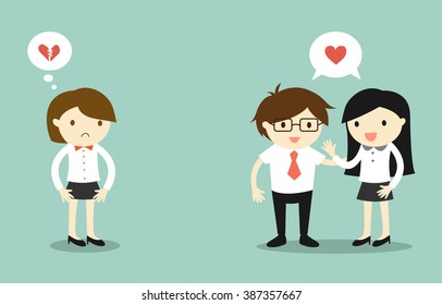 Business concept, Businessman and business woman feeling love each other, but another business woman is broken heart. Vector illustration.