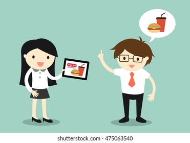 Business concept, Businessman and business woman going to order food online. Vector illustration.