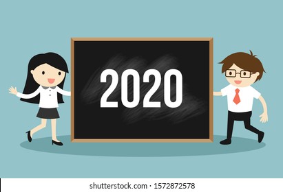 Business concept, Businessman and business woman holding blackboard with 2020 letters. Vector illustration.