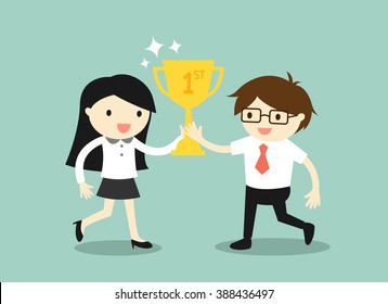 Business Concept, Businessman And Business Woman Holding Trophy. Vector Illustration.