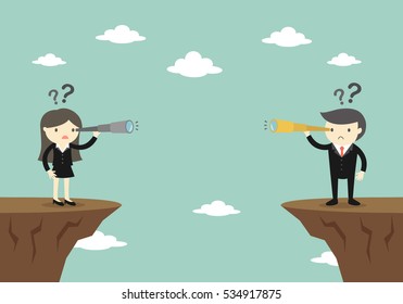 Business concept, Businessman and business woman looking at each other by using their telescope. Vector illustration.