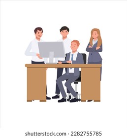 Business concept. Businessman and woman working together, team discussion in front of computer. Flat vector cartoon illustration