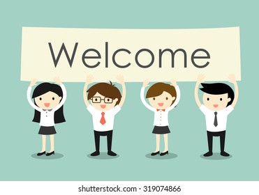 Business concept, Businessman and business women holding 'Welcome' signboard with green background. Vector illustration.