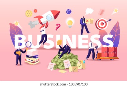 Business Concept. Businessmen Characters Launch Startup, Working with Documents and Earning Big Money. People Ambitious Aims Achievement, Project Deals Poster Banner Flyer. Cartoon Vector Illustration