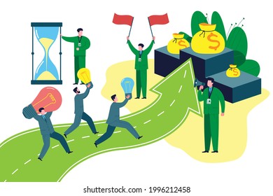 Business concept. Businessmen participate in competitions for funding or a grant to start a business and run with ideas in hand to the finish line with money. Startup vector flat illustration