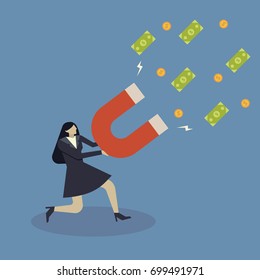 Business concept of businesswoman attacting money with magnet.