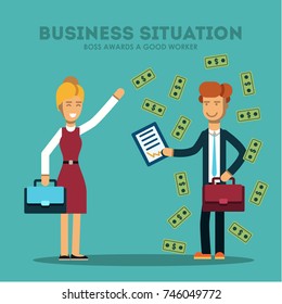 Business concept. Businesswoman awards a good worker. Vector illustration