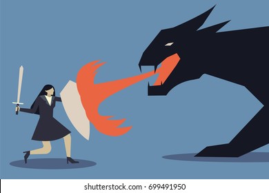 Business concept of businesswoman uses a shield to protect the dragon fire.