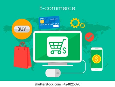 Business concept, buying product via online shop and e-commerce ideas symbol and shopping elements.