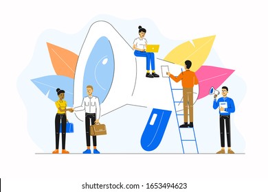 Business Concept. Calling through a shout. Promotion on the internet for a web page. Online alerting. Advertising. Team work. Partnership. Cooperation. Vector character illustration