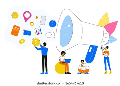 Business Concept. Calling through a shout. Promotion on the internet for a web page. Online alerting. Advertising. Team work. Partnership. Cooperation. Vector character illustration