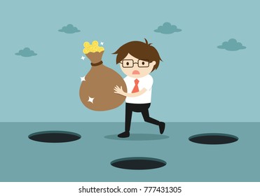 Business concept, Careless businessman is holding a light bulb while walking. Vector illustration.