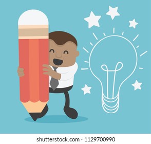 Business Concept Cartoon African businessman hand with a pen drawing light bulb